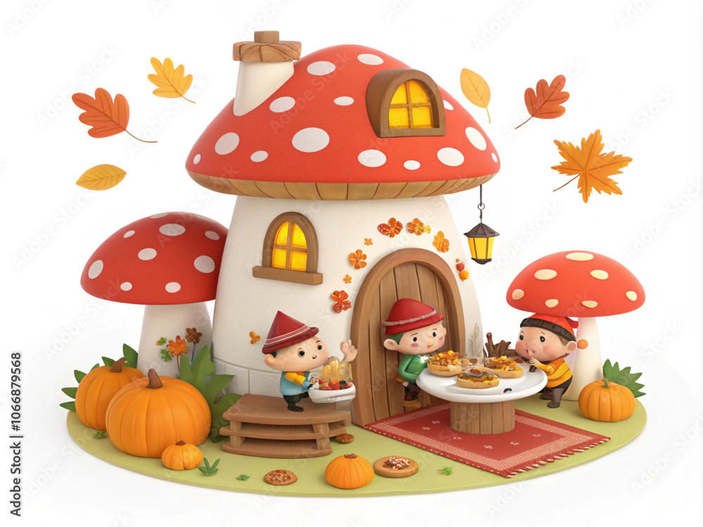 Fototapeta premium mushroom-castle-with-thanksgiving-party-child Lady boy-food pumpkin-happy turkey-cottage-fairy-3d-icon-illlustration with transparent background