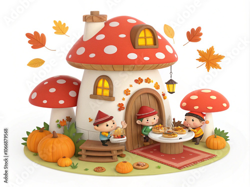 mushroom-castle-with-thanksgiving-party-child Lady boy-food pumpkin-happy turkey-cottage-fairy-3d-icon-illlustration with transparent background