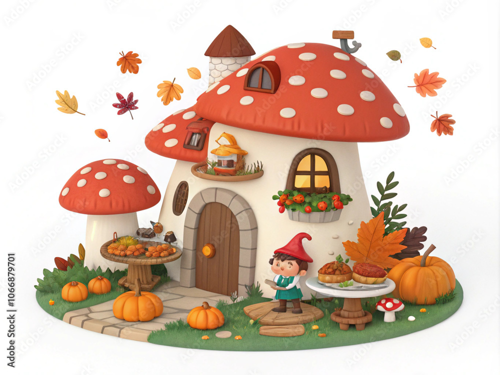 Obraz premium mushroom-castle-with-thanksgiving-party-child Lady boy-food pumpkin-happy turkey-cottage-fairy-3d-icon-illlustration with transparent background