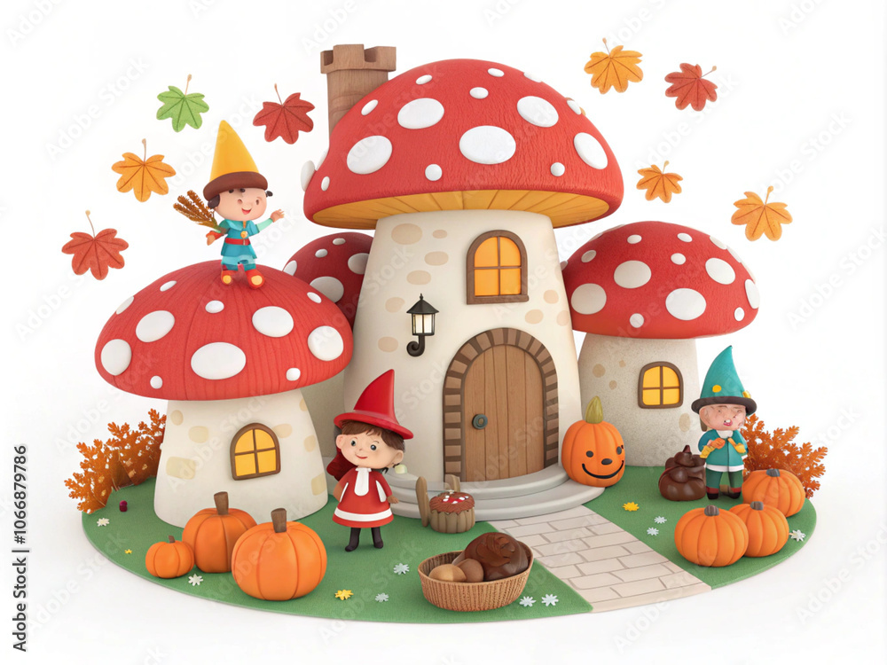 Obraz premium mushroom-castle-with-thanksgiving-party-child Lady boy-food pumpkin-happy turkey-cottage-fairy-3d-icon-illlustration with transparent background