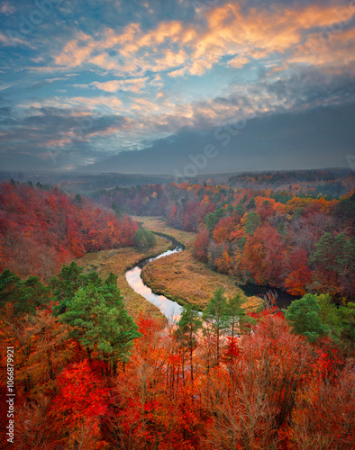 Autumnal landscape of the forest and twisted Radunia river in Kashubia. Poland photo