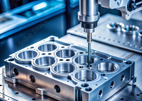 High Precision Multi-Axis CMM Machine Measuring Aluminum Cylinder Head Parts in a Light Blue Setting for Quality Control in Automotive Manufacturing