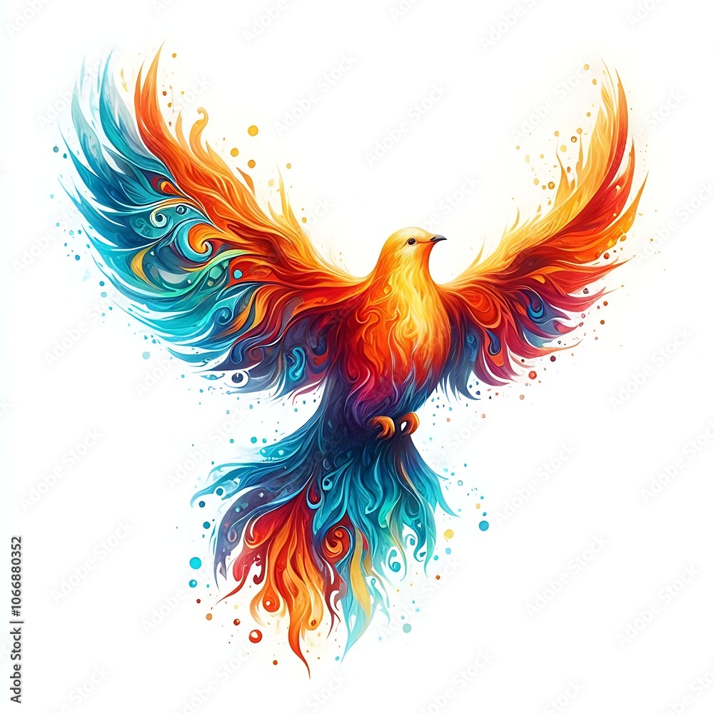 Obraz premium Colourful winged dove in flames, a representation of the New Testament Holy Spirit. Abstract Watercolour Painting Biblical illustration