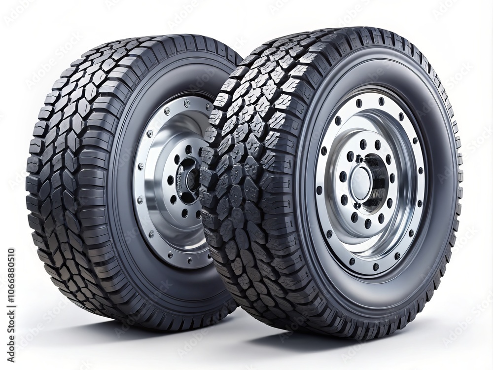 High-Resolution Isolated New Front and Rear Truck Wheels with Black Shine Tires on White Background for Commercial Transport High-Resolution Isolated New Front and Rear Truck Wheels with Black Shine Tires on White Background for Commercial Transport