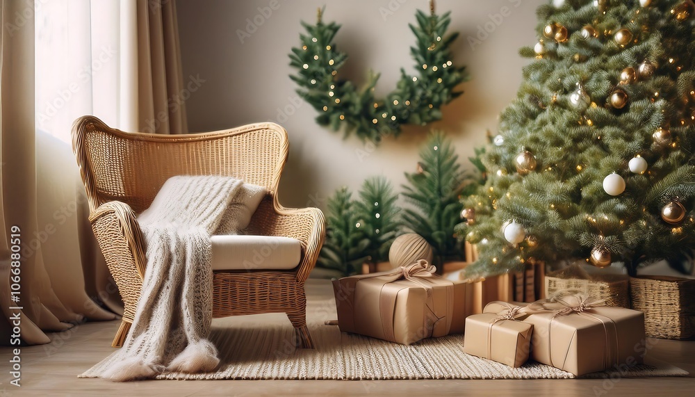 A cozy wicker armchair with a blanket and a Christmas gift sits near a decorated Christmas tree in a festive living room. A cozy wicker armchair with a blanket and a Christmas gift sits near a decorated Christmas tree in a festive living room.