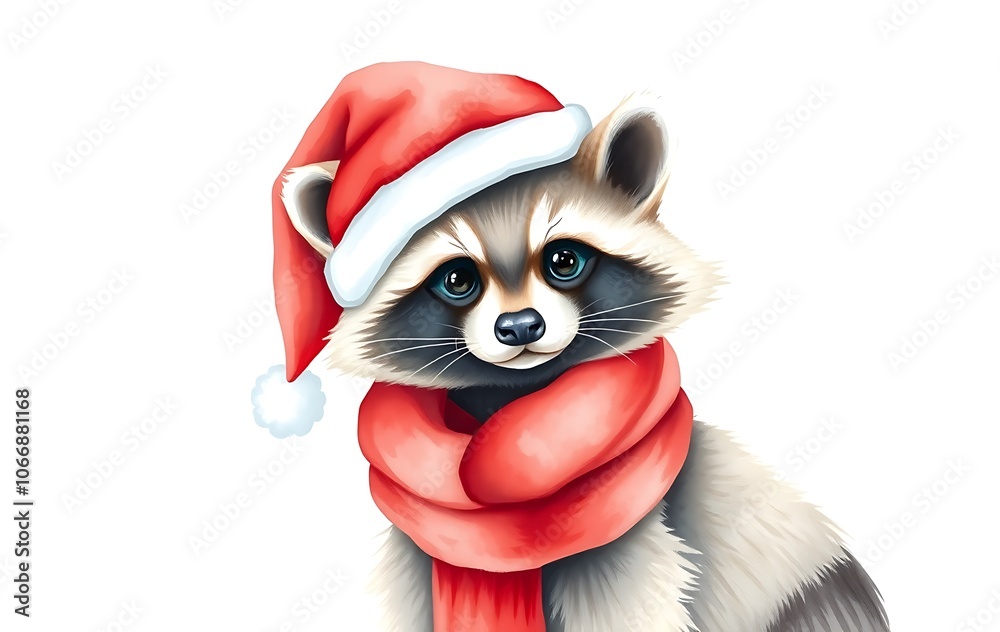 Watercolor illustration of a cute raccoon wearing a santa hat and a red scarf, creating a cheerful christmas atmosphere Watercolor illustration of a cute raccoon wearing a santa hat and a red scarf, creating a cheerful christmas atmosphere