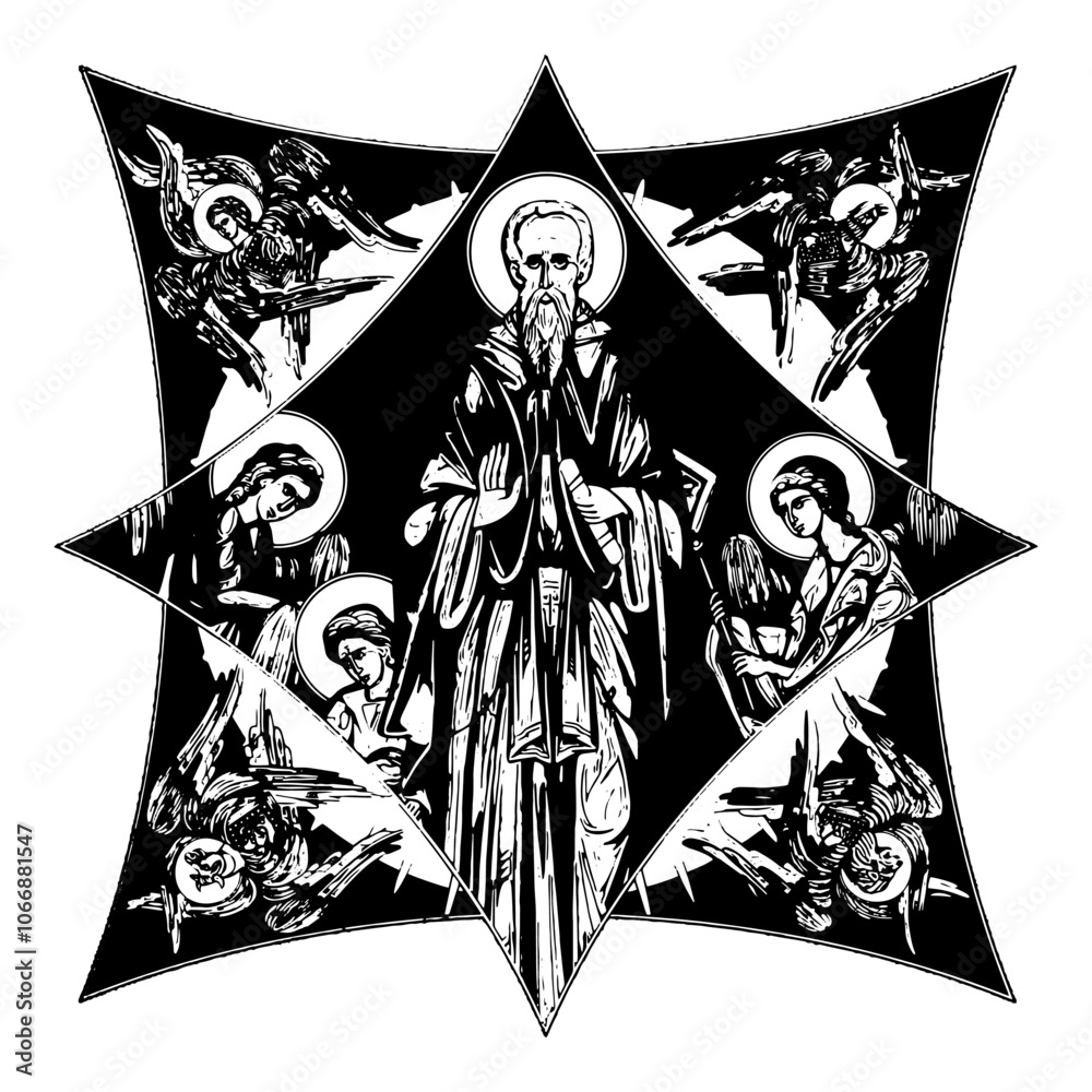 Naklejka premium Saint Petrit Korishes on cross dome with 4 apostles, angels and seraphim. Ink illustration black and white in Byzantine style isolated