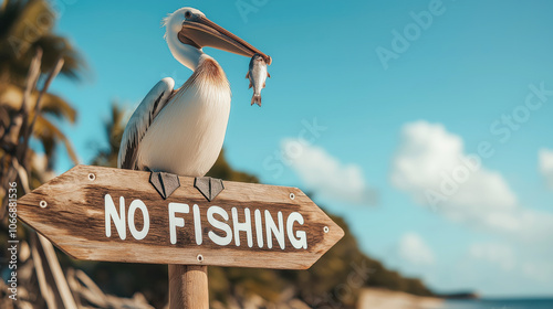 Pelican with fish near a "No Fishing" sign at the beach