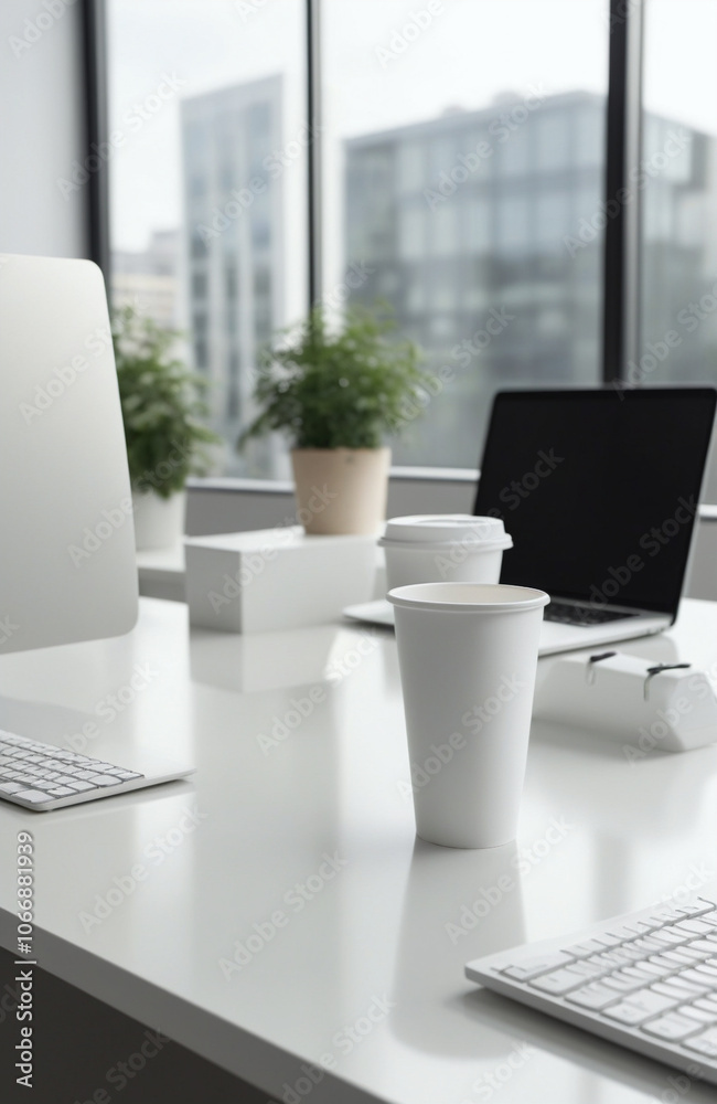 Fototapeta premium Modern office setting with coffee cup mockup for corporate cafe marketing.