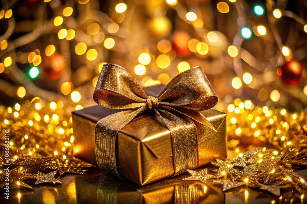 Long Exposure Image of a Gold Box Wrapped with a Brown Bow Surrounded by Glittering Lights and Colorful Gifts, Perfect for Holiday Celebrations and Gift Giving Moments Long Exposure Image of a Gold Box Wrapped with a Brown Bow Surrounded by Glittering Lights and Colorful Gifts, Perfect for Holiday Celebrations and Gift Giving Moments