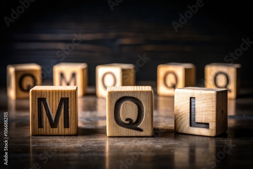 Long Exposure Capture of Wooden Blocks with MQL Letters Against a Dark Background Highlighting Creative Effectiveness in Abstract Composition photo