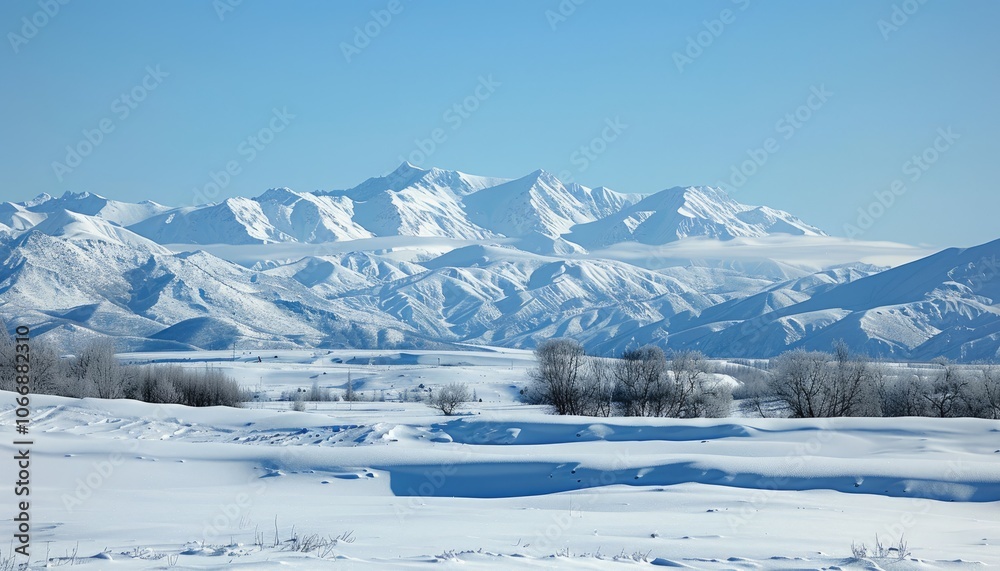 Snowy Mountain Range with a Foreground of White Snow and Trees Snowy Mountain Range with a Foreground of White Snow and Trees