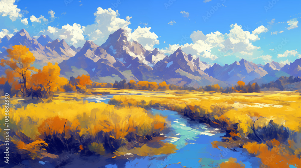 Naklejka premium Beautiful autumn mountains and golden wheat fields landscape oil painting 