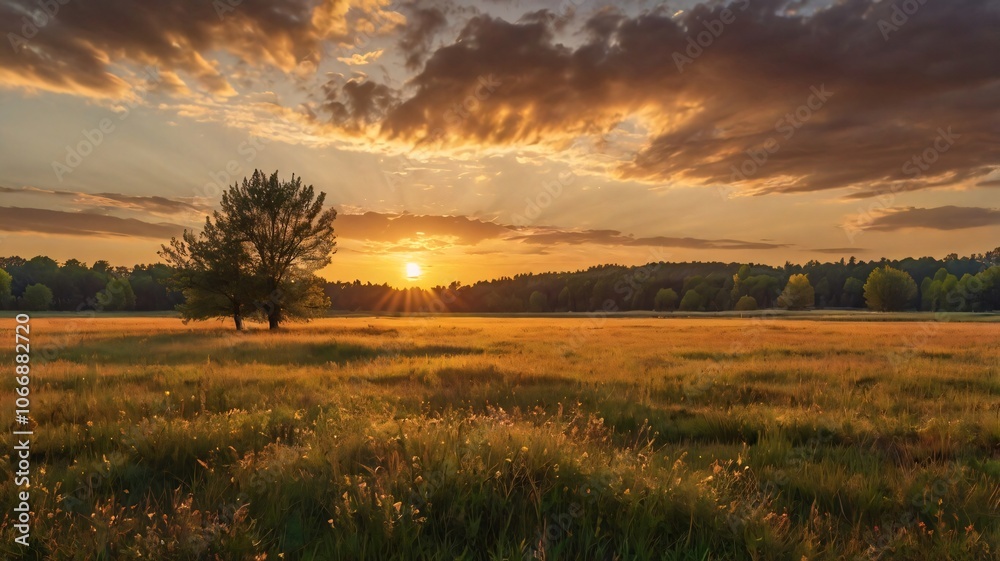 Fototapeta premium Golden Sunset Over Meadow With Tree Silhouette.