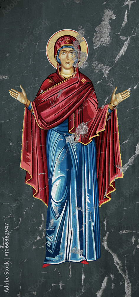 Fototapeta premium Traditional Christian icon of the Blessed Virgin Mary. Antique illustration on cracked wall in Byzantine style
