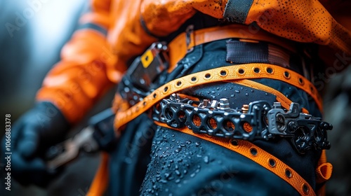 Climbing gear or harness worn by a worker.