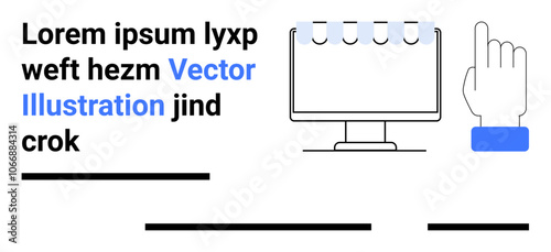 Hand gesture interacting with computer monitor, sample text in placeholder format. Ideal for business presentations, website design, app interfaces, user guides, marketing materials, educational