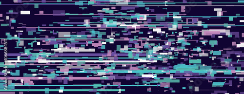 Abstract digital background with a pixelated style. The background is dark with purple and teal, creating a dynamic, glitchy texture. Abstract pixelate glitch digital background vector
