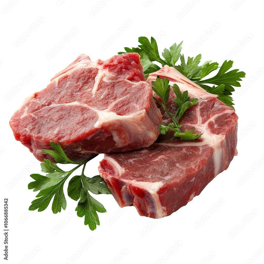Fresh cuts of beef with green parsley garnish Fresh cuts of beef with green parsley garnish
