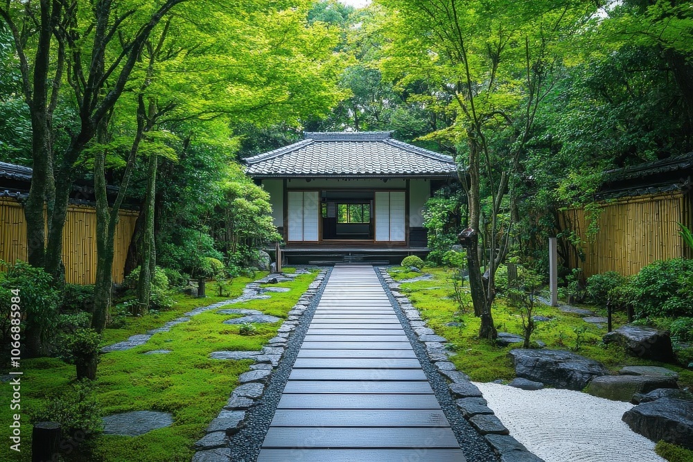 A serene Japanese garden featuring a pathway leading to a traditional house, surrounded by lush greenery and stone paths. A serene Japanese garden featuring a pathway leading to a traditional house, surrounded by lush greenery and stone paths.