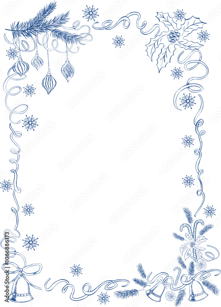 Fototapeta premium Blue Chinoiserie Christmas Line Art Frame. Hand-drawn Winter PNG Clipart. Ornate Christmas borders. Bell, Pine Tree.