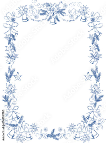 Blue Chinoiserie Christmas Line Art Frame. Hand-drawn Winter PNG Clipart. Ornate Christmas borders. Bell, Pine Tree. 