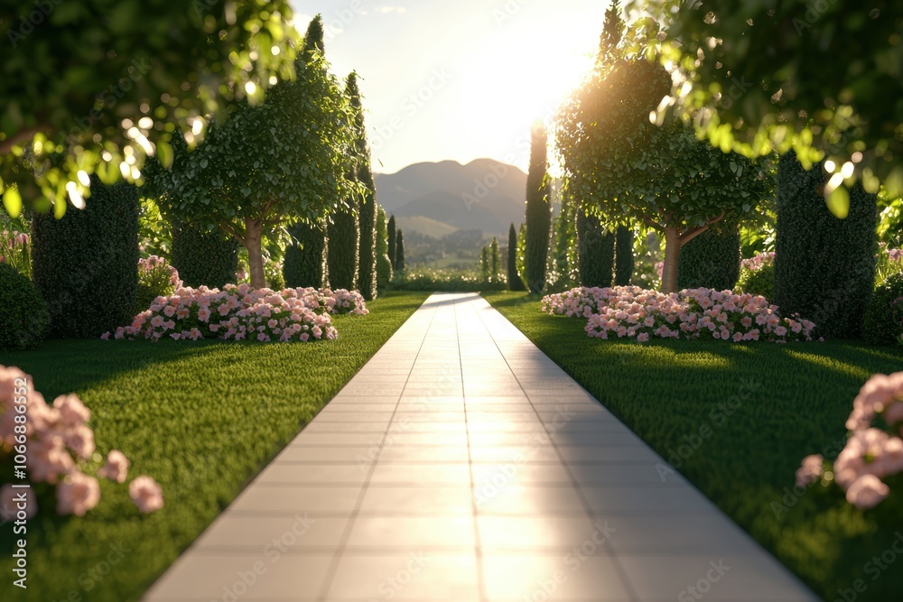 Fototapeta premium Garden path lined with blooming flowers, lush greenery, sunny atmosphere, charming and peaceful outdoor space, 3D illustration