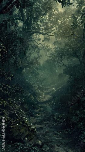 Mystical Rainforest Path: A Journey Through Lush Greenery and Fog