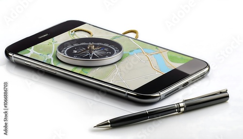 A smartphone displaying a map with a compass and a pen, symbolizing traditional navigation methods photo