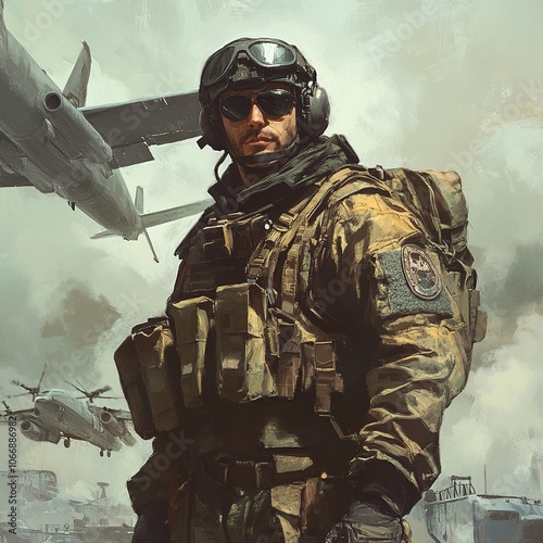 Military Soldier in Combat Gear with Aircraft in the Background - War and Warfare Art