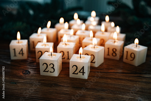 Burning candles at christmas time. Homemade advent candles made from natural beeswax. Decorated in the shape of christmas tree on dark wood. Christmas background with short depth of field. photo