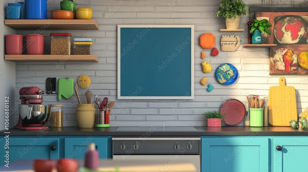 A blank photo on a fridge surrounded by colorful magnets from around the world, ready to be customized, set in a kitchen scene with international flair. A blank photo on a fridge surrounded by colorful magnets from around the world, ready to be customized, set in a kitchen scene with international flair.