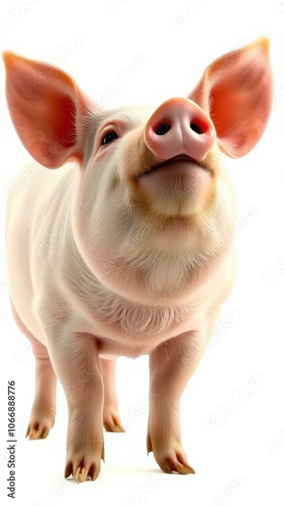 A pink pig stands on a white background and looks up with a smile A pink pig stands on a white background and looks up with a smile