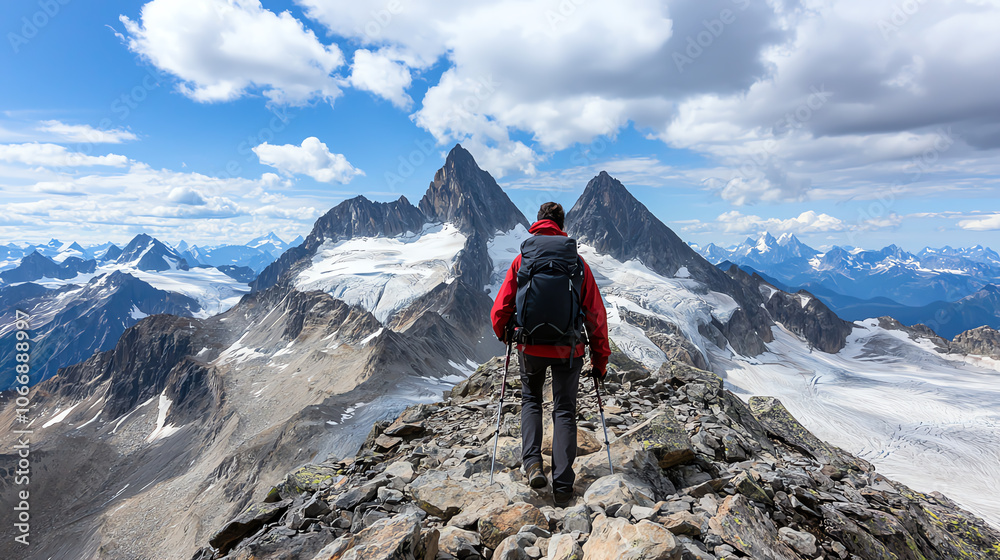 Back view of a hiker trekking up a rocky mountain path, expansive landscape with rugged peaks under a partly cloudy sky, sense of adventure and determination. Back view of a hiker trekking up a rocky mountain path, expansive landscape with rugged peaks under a partly cloudy sky, sense of adventure and determination.