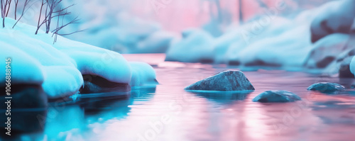 serene winter scene with stream flowing gently among snow covered rocks, creating soft and tranquil atmosphere