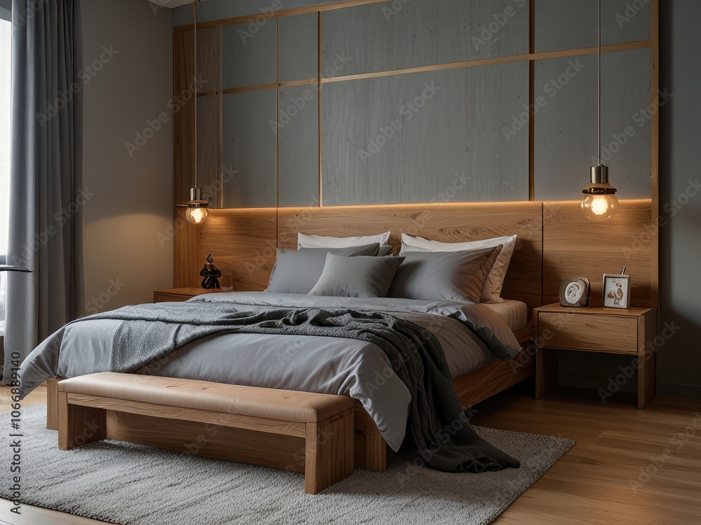 Fototapeta premium interior of a bedroom,interior with bed,hotel room with bed