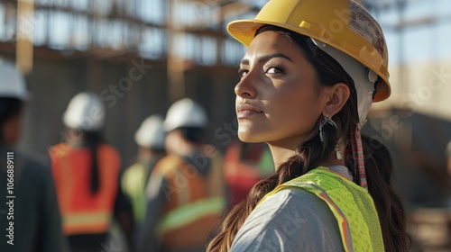 Curvy Native American woman directs workers on a construction site, wearing a hard hat and giving safety instructions before the project begins