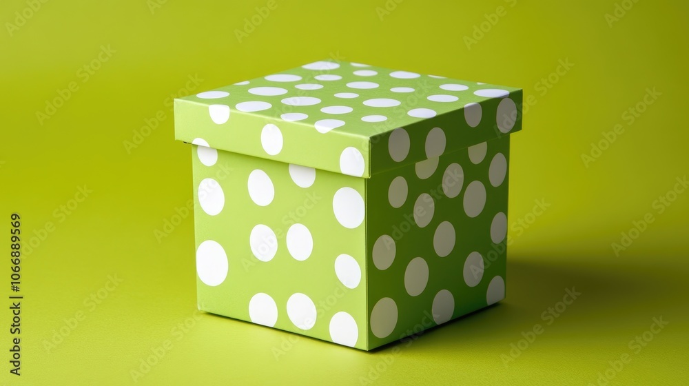 Fototapeta premium A green box with white polka dots placed on a contrasting background, creating a playful and eye-catching visual that highlights the fun design of the box.