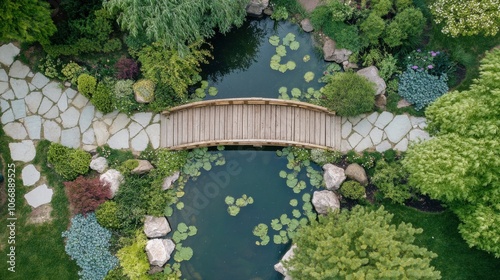 A top-down view of a garden bridge spanning a small pond, with a clear view of its design. The focus is on the garden bridge's functionality and aesthetics. photo