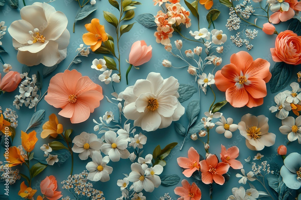 A Colorful Arrangement of Flowers on a Blue Background A Colorful Arrangement of Flowers on a Blue Background