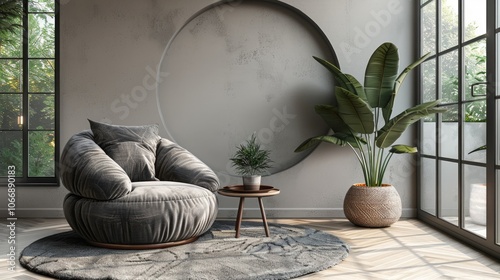 Modern interior design with light empty mock-up wall and gray furniture, loft and vintage of living room. Armchair, table with green plant in pot, round carpet on floor, on white wall background