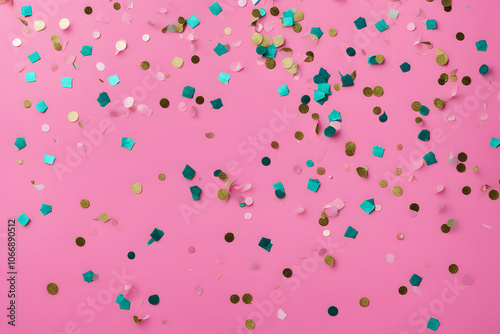 Multicolored glitter confetti scattered on a pink background, AI Generated