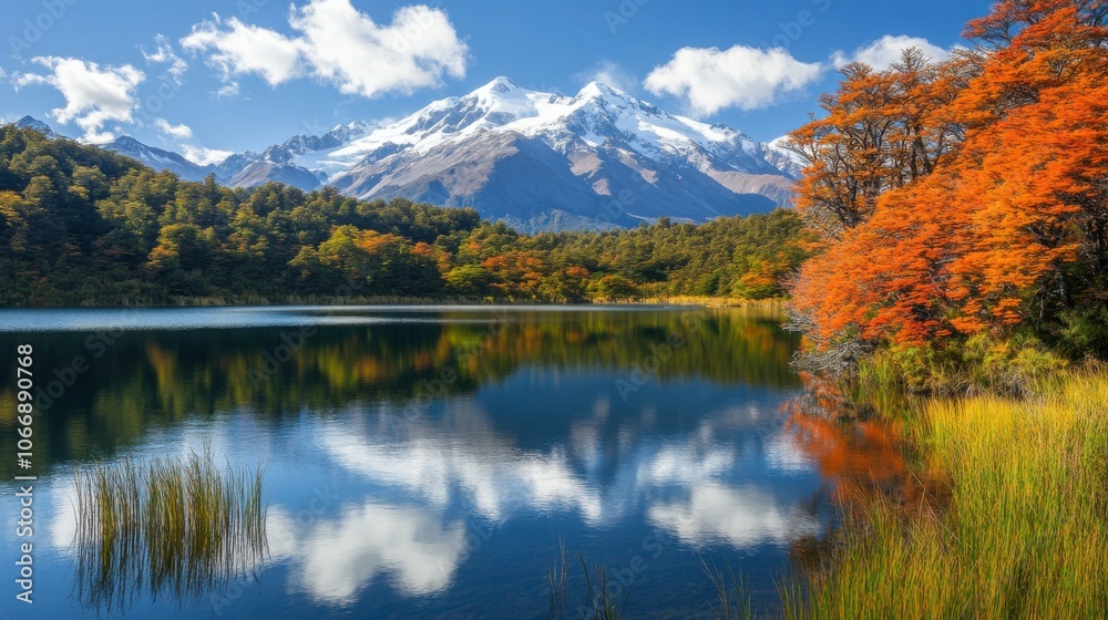 breathtaking view of snow-capped mountains reflecting in a crystal-clear lake, surrounded by lush greenery, vibrant autumn foliage, evoking peace and harmony