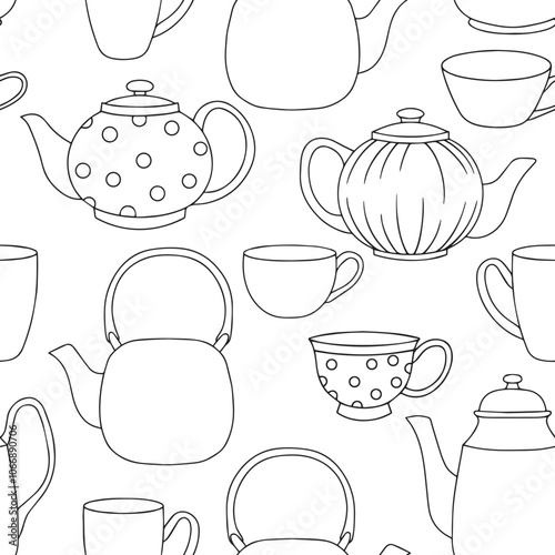 Coloring book. Vector illustration in doodle style. Seamless pattern of teapots and cups. Cute vintage teapots and mugs for tea