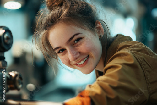 Young woman smiling while working in a creative workshop photo