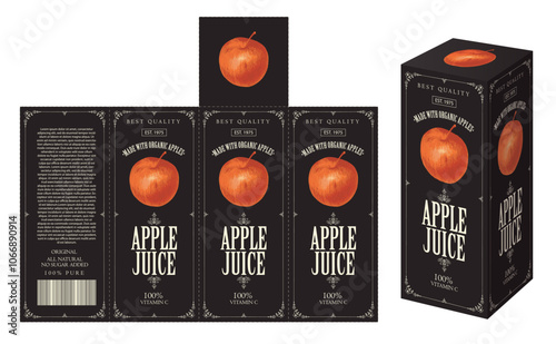 vector mockup template of cardboard packaging box for apple juice with realistic pattern of apple in retro style. Suitable for packaging design and labels