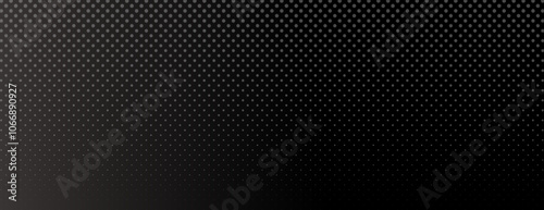 A black background with a gradient of small white dots, creating halftone textured, modern background. Black and white background with a sleek look. Minimal halftone texture gradient background vector