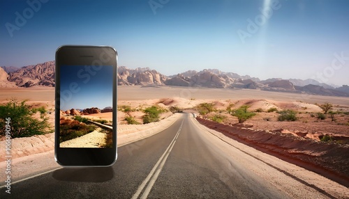 Phone with digital photo of beautiful landscape, road and desert