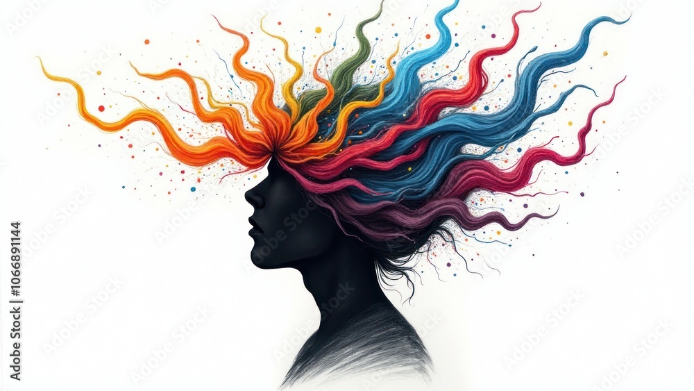 Artistic person with dynamic, abstract forms, representing ADHD, imagination, and emotional expression. Artistic person with dynamic, abstract forms, representing ADHD, imagination, and emotional expression.