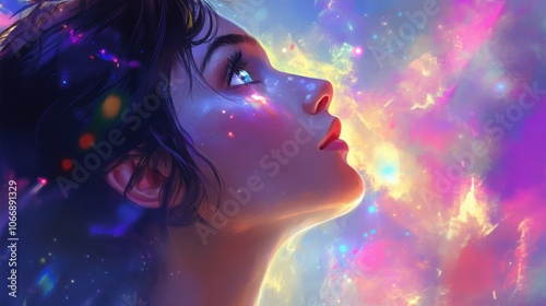 A vibrant girl gazes upward, her eyes reflecting the infinite colors of the universe, symbolizing new life and dreams waiting to be explored.